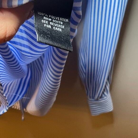 Premise Studio Shirt Women Large Blue Striped 100% Polyester Tie Neck Button-Up - Picture 5 of 5